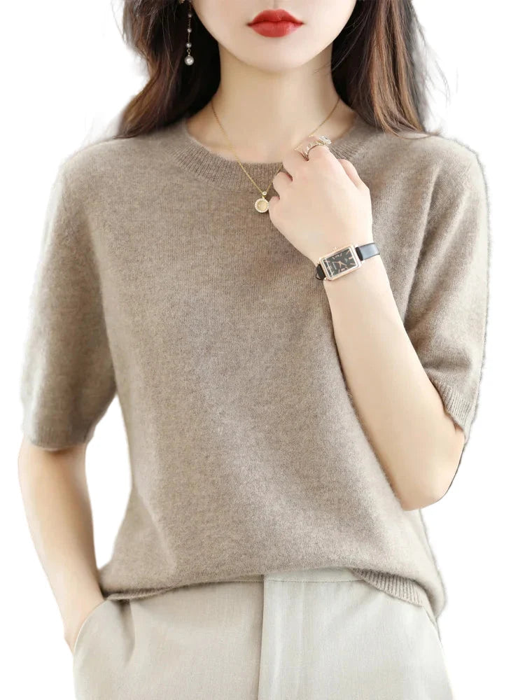 Women's Crew Neck Knitted Merino Wool Blend Sweater