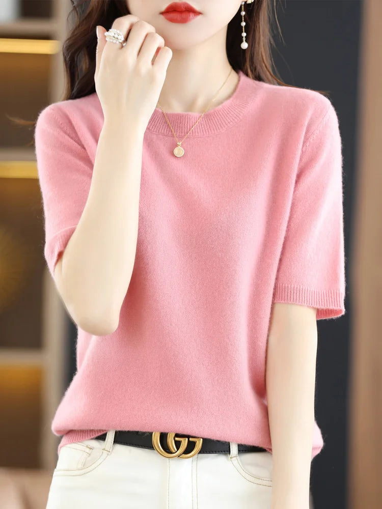 Women's Crew Neck Knitted Merino Wool Blend Sweater