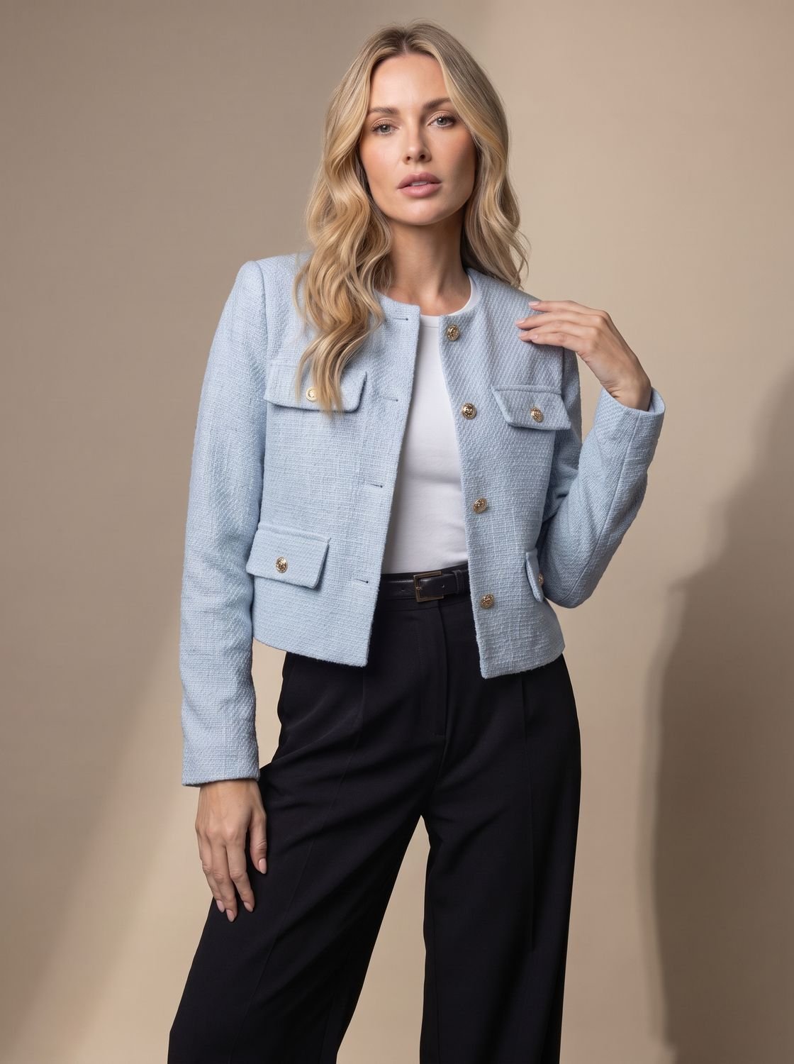 Women's Cropped Collarless Tweed Jacket with Gold Buttons and Flap Pockets