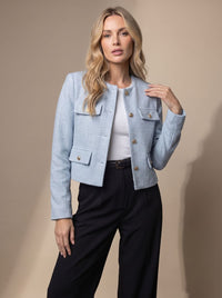 Women's Cropped Collarless Tweed Jacket with Gold Buttons and Flap Pockets