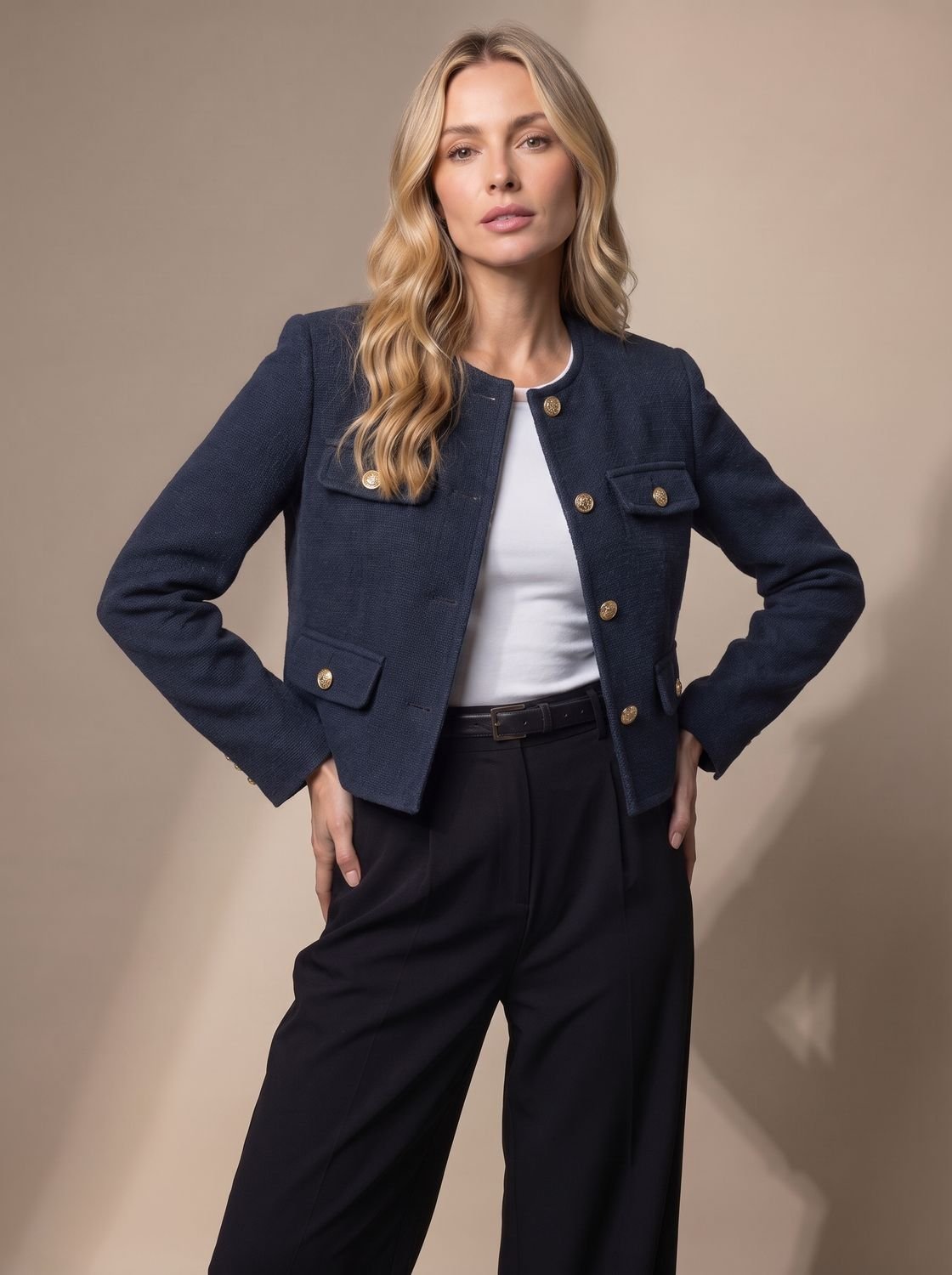 Women's Cropped Collarless Tweed Jacket with Gold Buttons and Flap Pockets