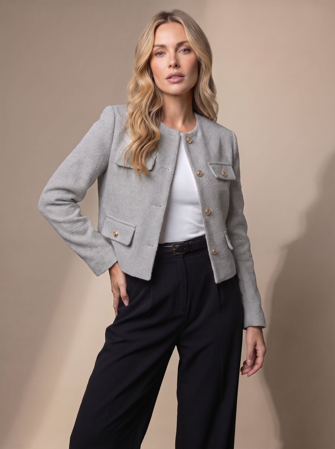 Women's Cropped Collarless Tweed Jacket with Gold Buttons and Flap Pockets