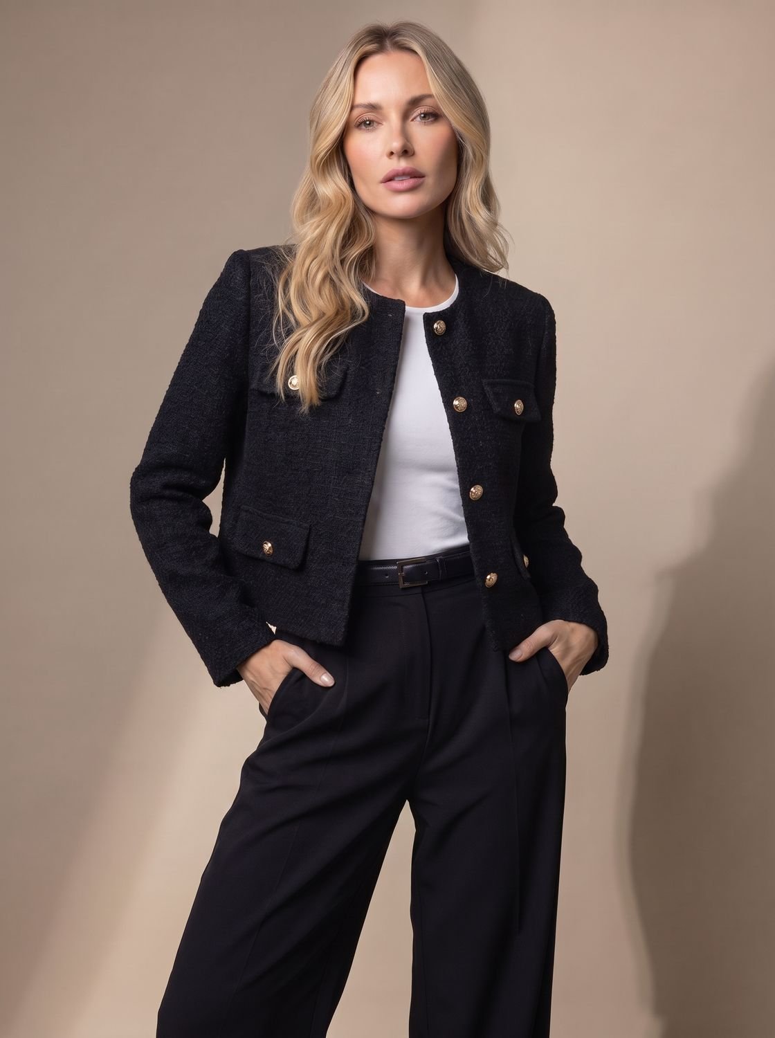 Women's Cropped Collarless Tweed Jacket with Gold Buttons and Flap Pockets