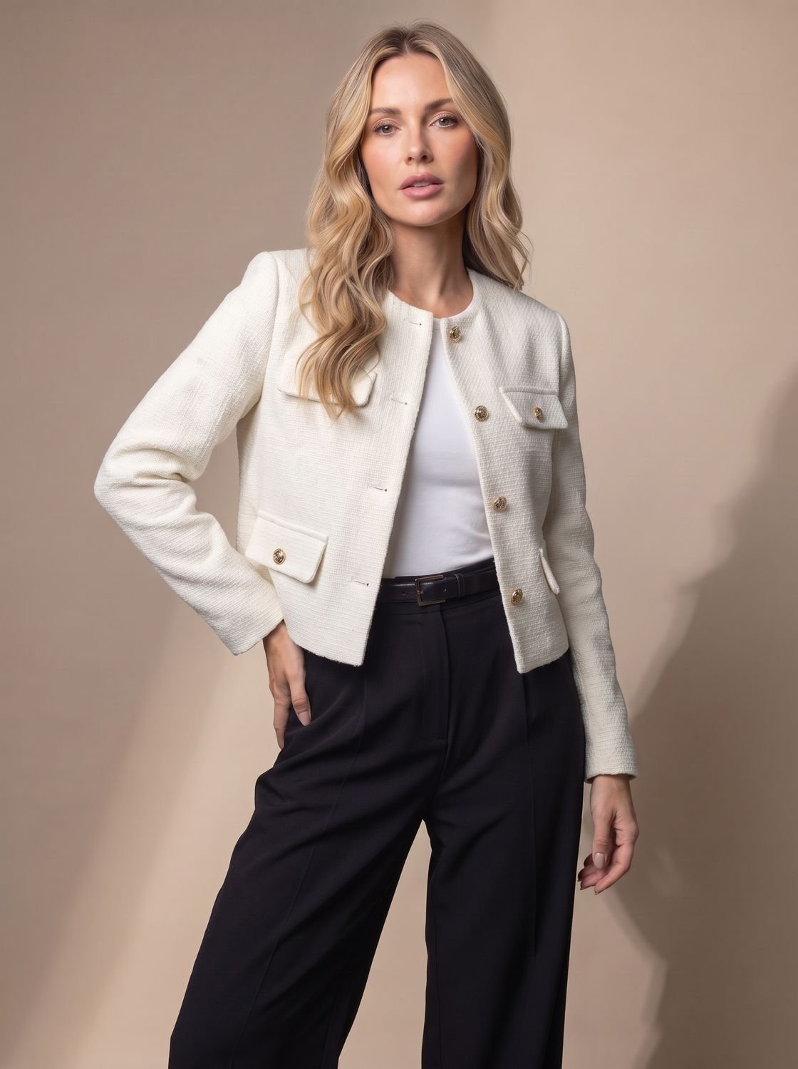 Women's Cropped Collarless Tweed Jacket with Gold Buttons and Flap Pockets