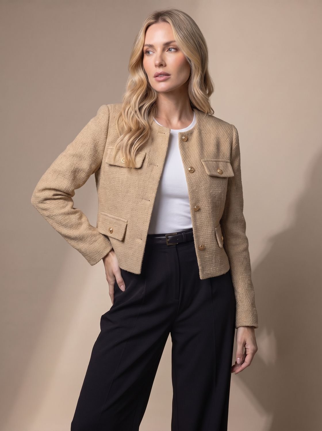 Women's Cropped Collarless Tweed Jacket with Gold Buttons and Flap Pockets