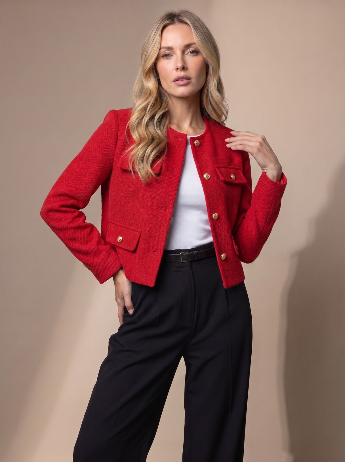 Women's Cropped Collarless Tweed Jacket with Gold Buttons and Flap Pockets