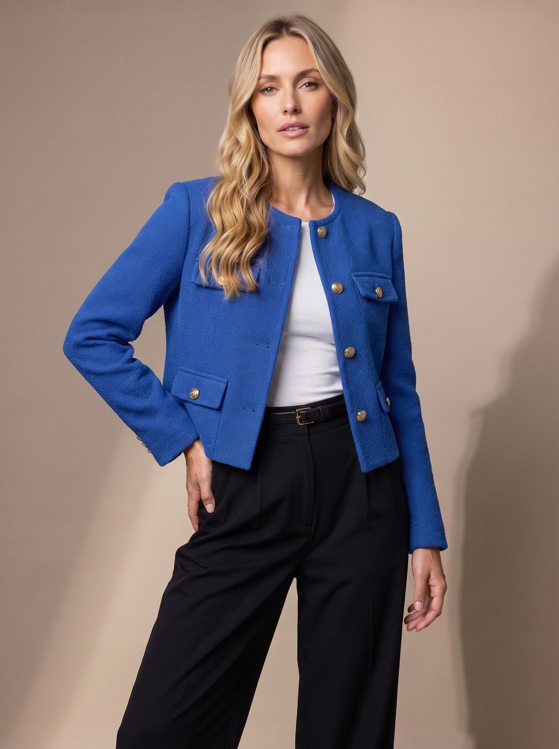 Women's Cropped Collarless Tweed Jacket with Gold Buttons and Flap Pockets