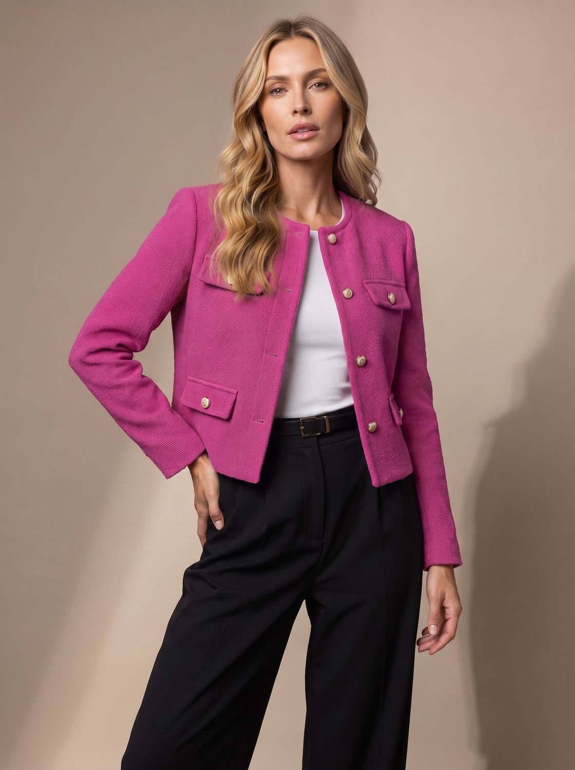 Women's Cropped Collarless Tweed Jacket with Gold Buttons and Flap Pockets