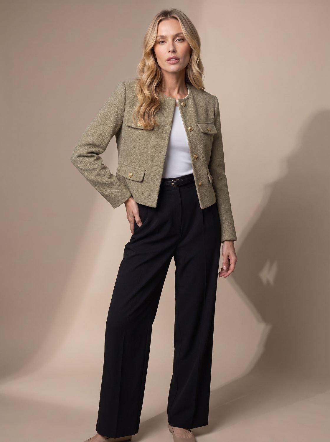 Women's Cropped Collarless Tweed Jacket with Gold Buttons and Flap Pockets