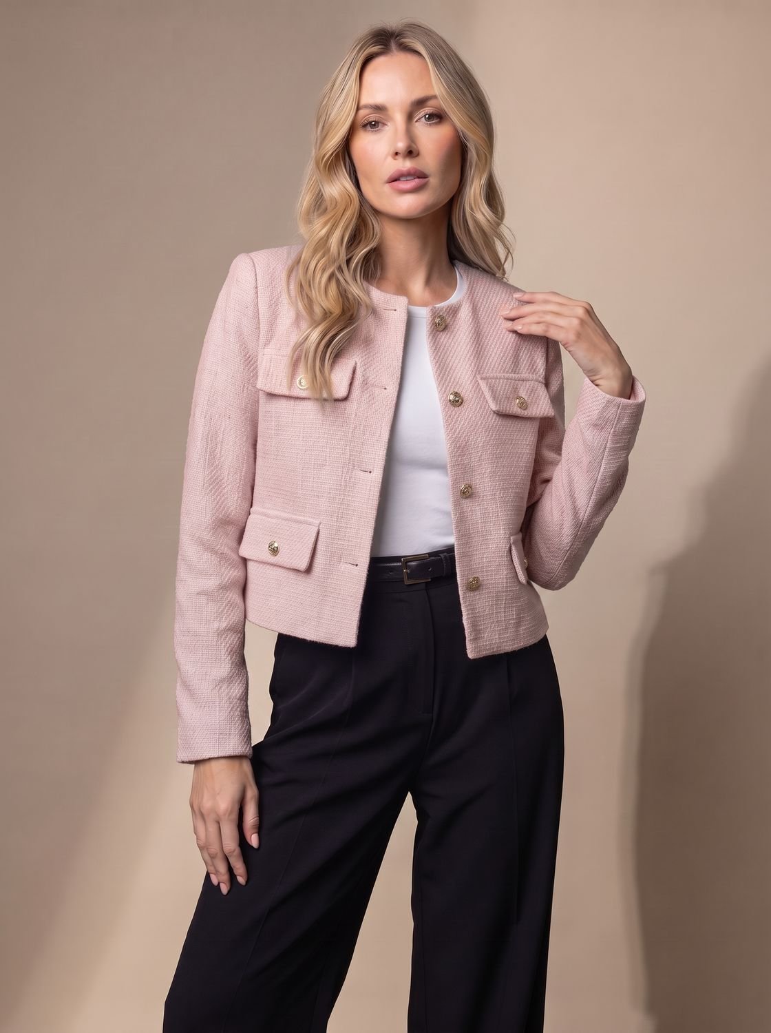 Women's Cropped Collarless Tweed Jacket with Gold Buttons and Flap Pockets