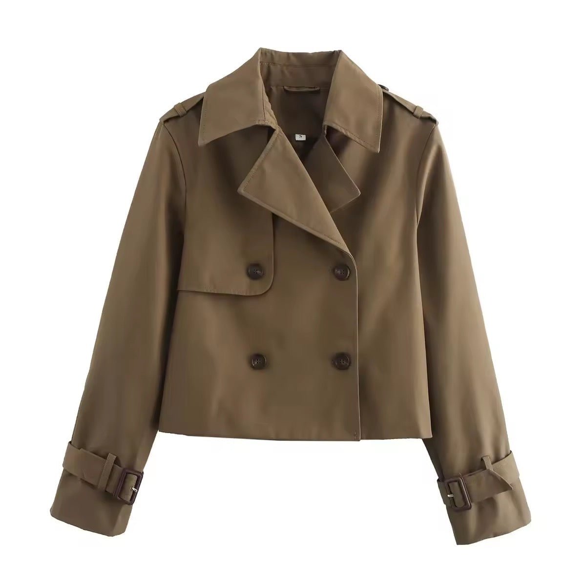 Women's Cropped Double-Breasted Trench Jacket with Buckle Cuffs