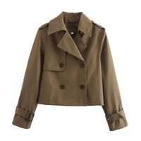 Women's Cropped Double-Breasted Trench Jacket with Buckle Cuffs