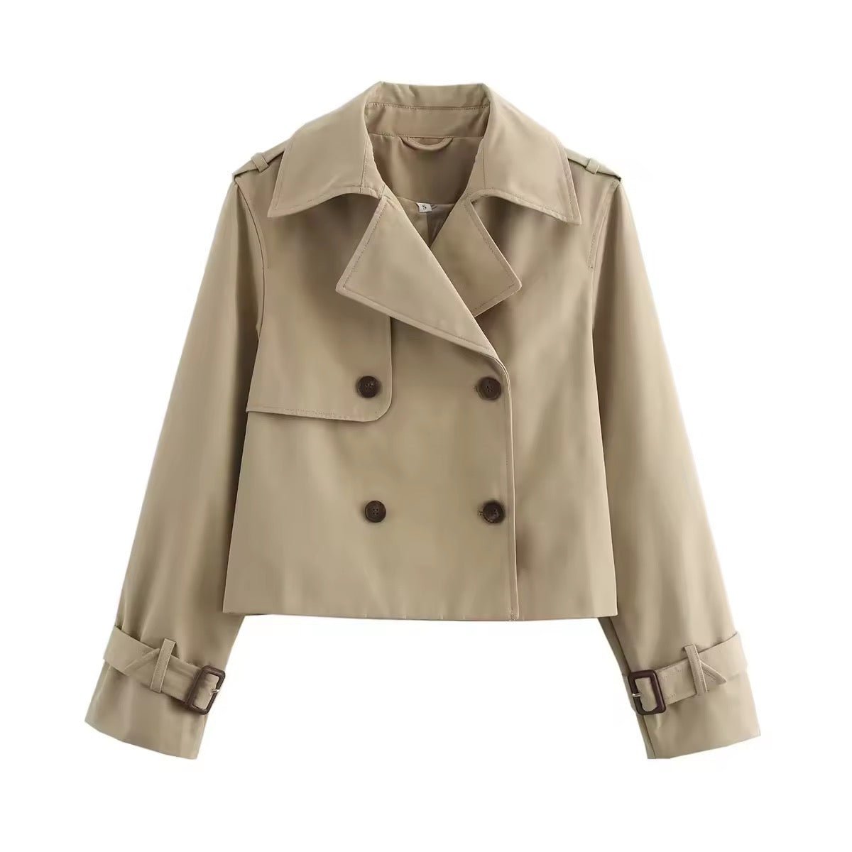 Women's Cropped Double-Breasted Trench Jacket with Buckle Cuffs