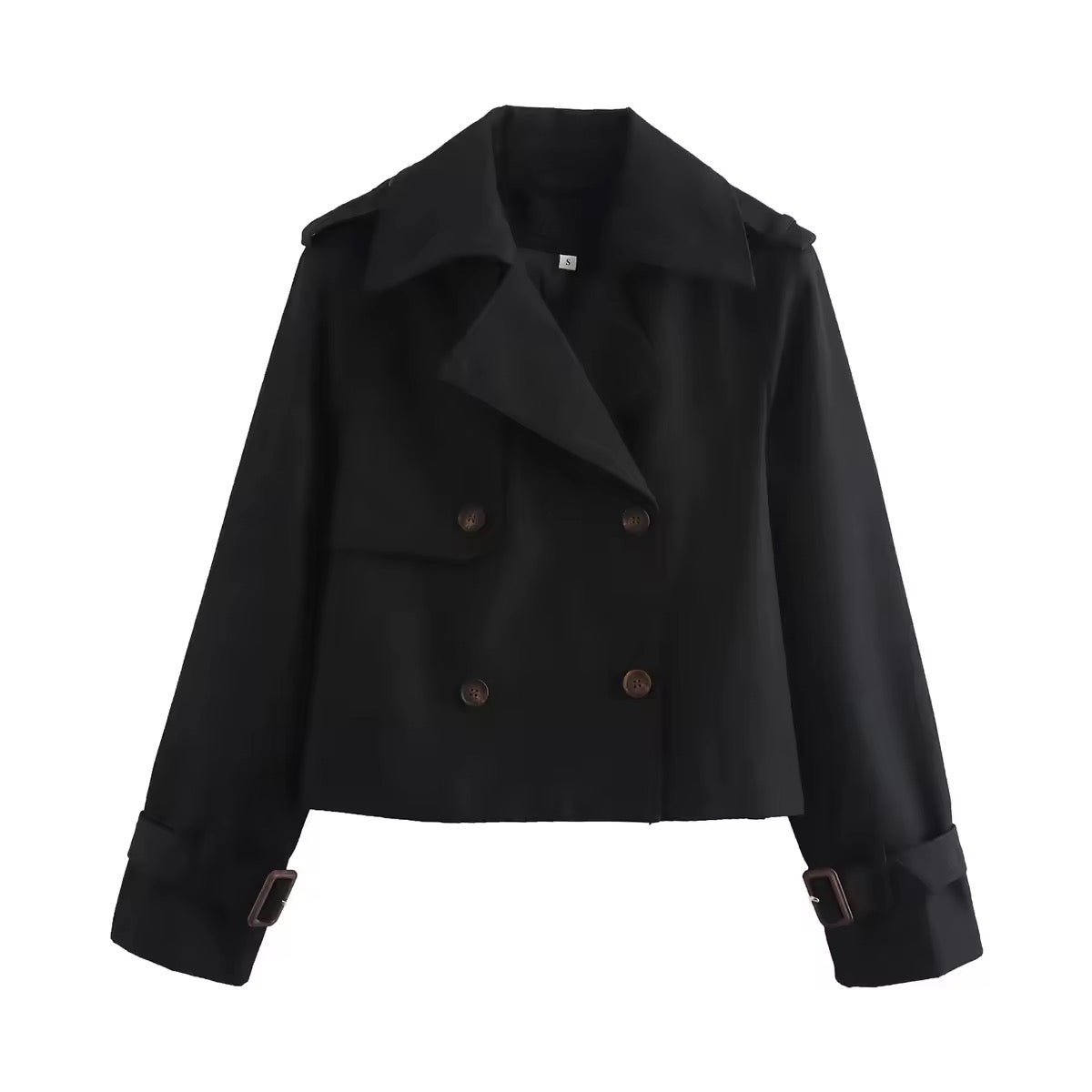 Women's Cropped Double-Breasted Trench Jacket with Buckle Cuffs