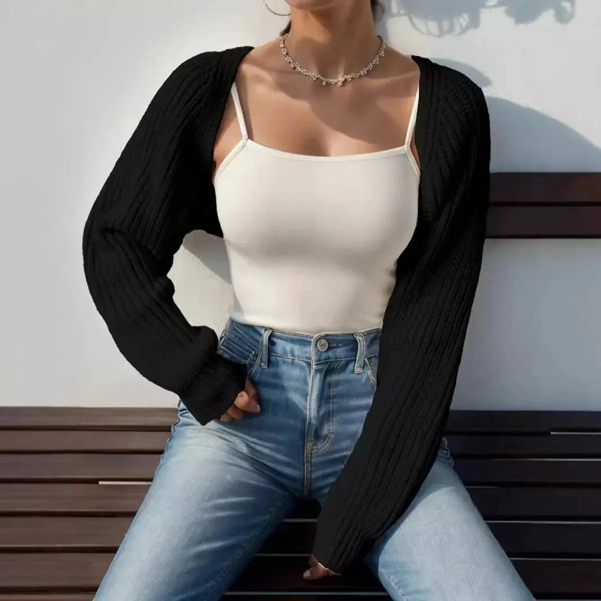 Women's Cropped Open-Front Ribbed Knit Sweater Shrug