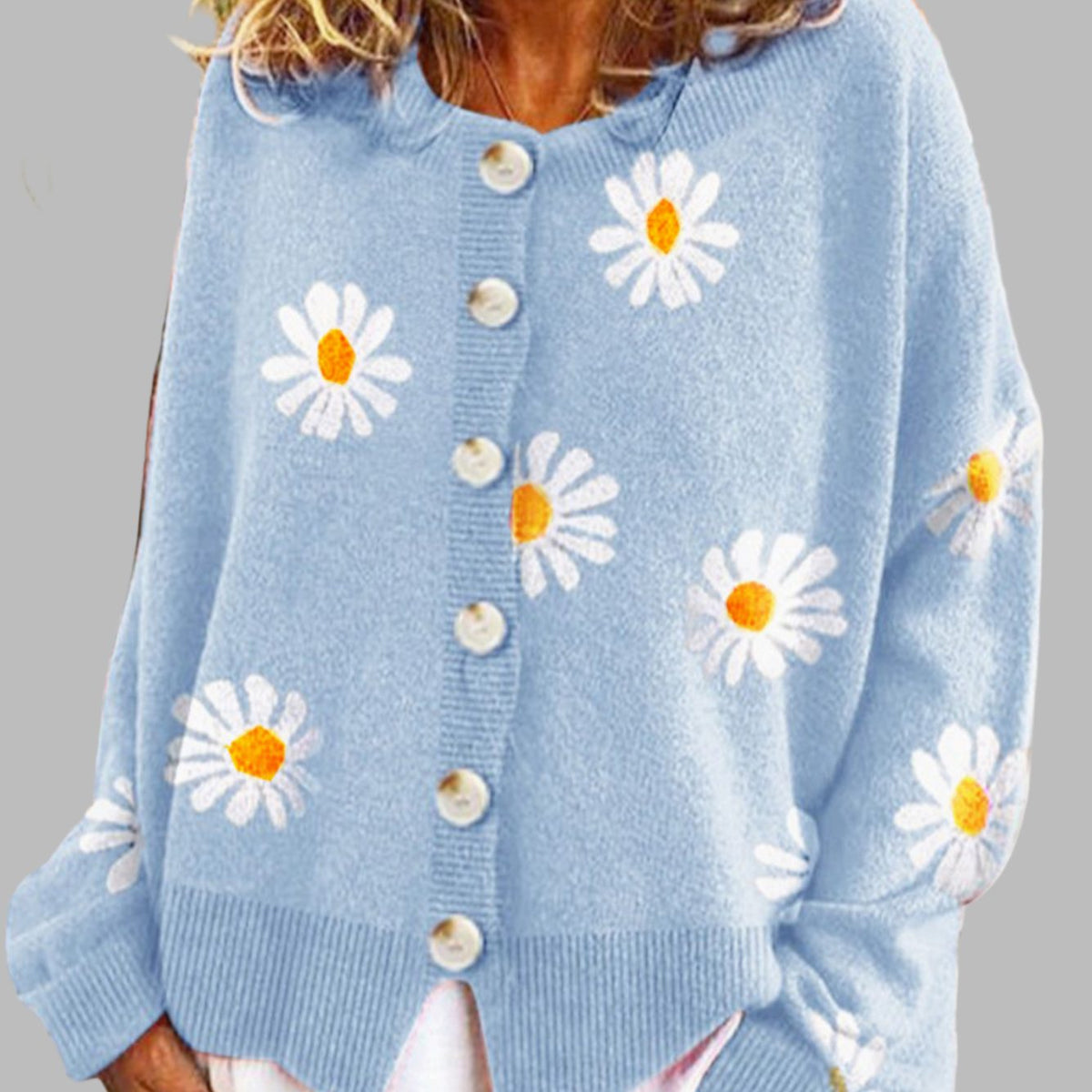 Women's Daisy Floral Knit Button-Front Cardigan