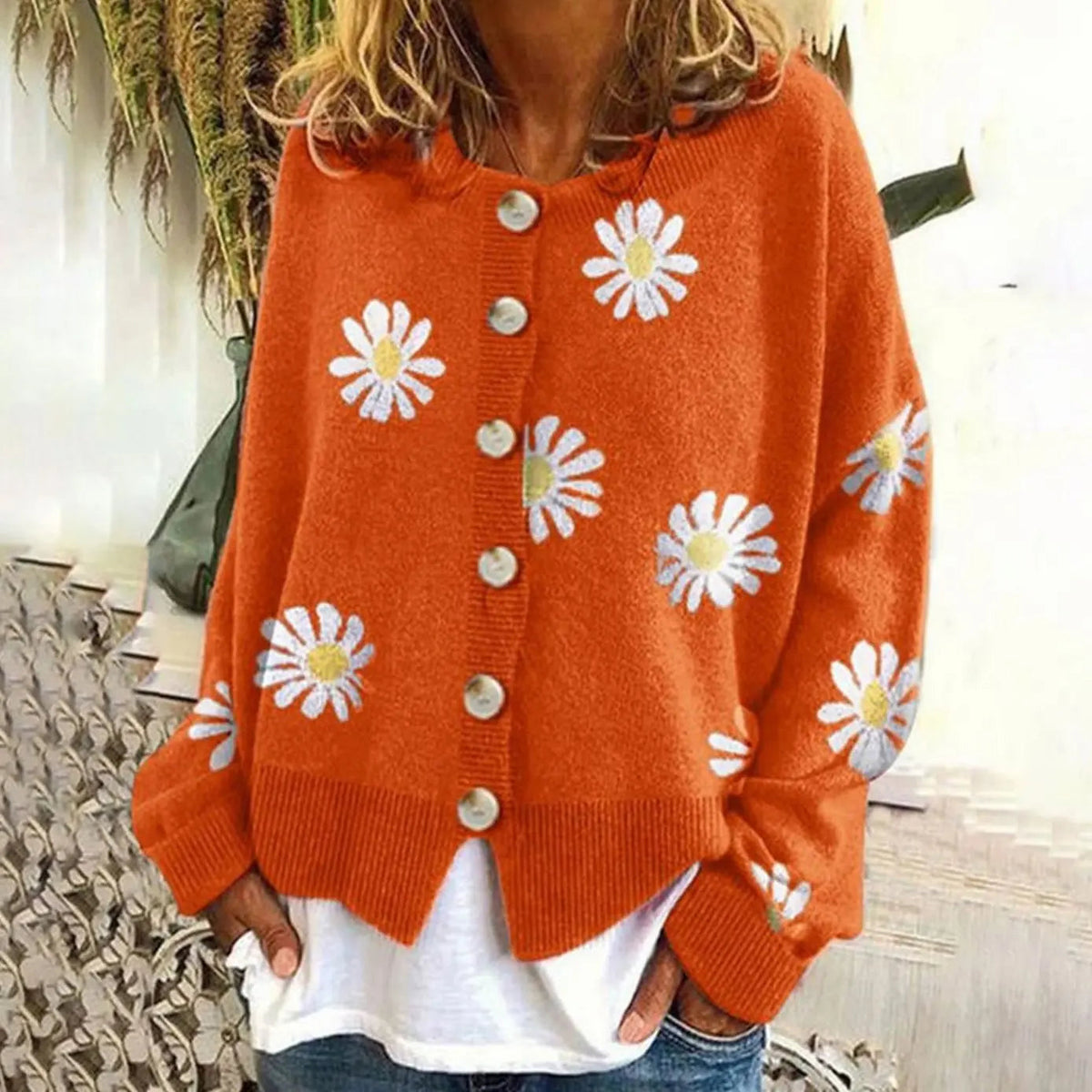 Women's Daisy Print Button-Down Knit Cardigan