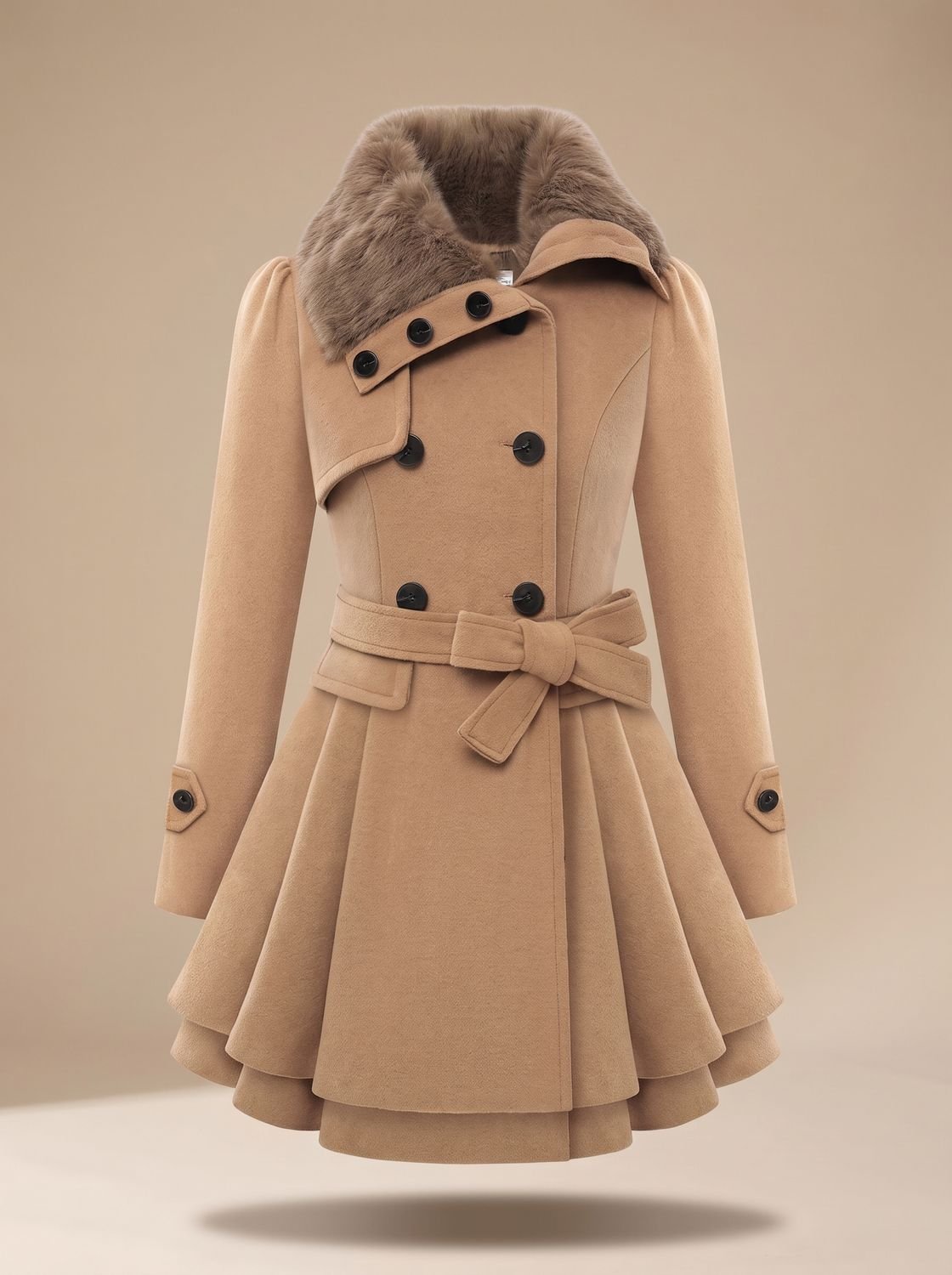 Women's Double-Breasted Belted Wool-Blend Coat with Faux Fur Collar