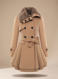 Women's Double-Breasted Belted Wool-Blend Coat with Faux Fur Collar