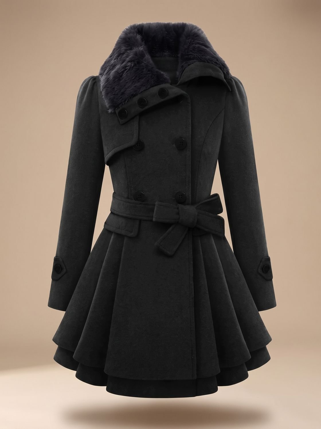 Women's Double-Breasted Belted Wool-Blend Coat with Faux Fur Collar