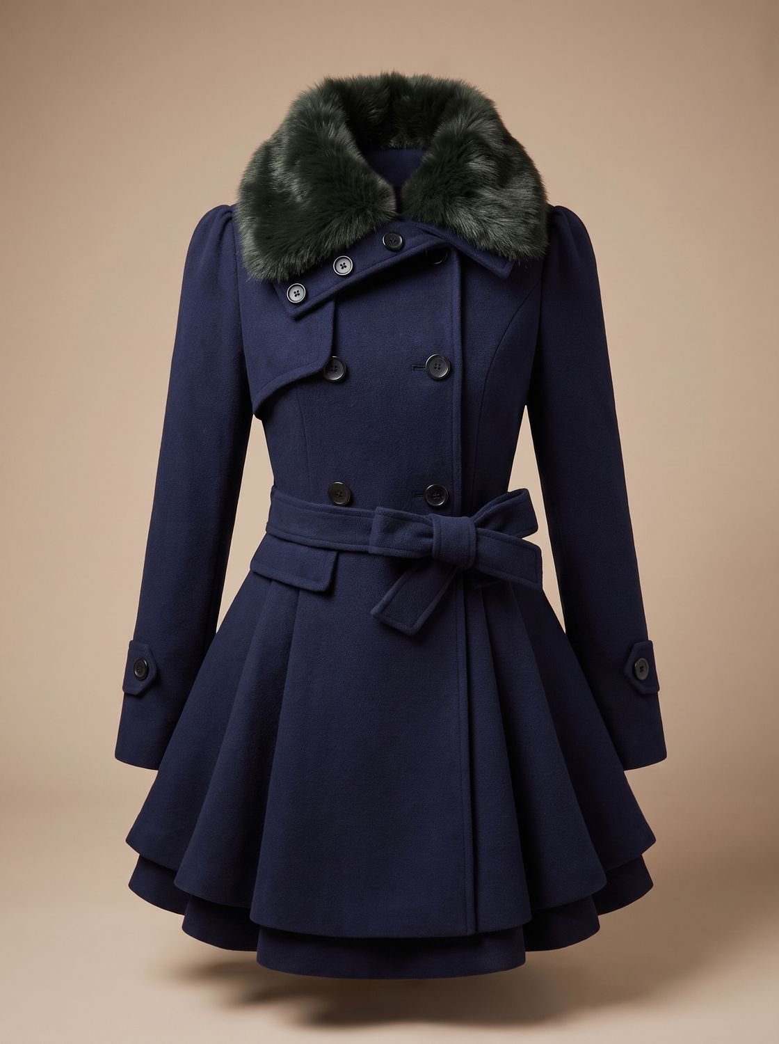 Women's Double-Breasted Belted Wool-Blend Coat with Faux Fur Collar