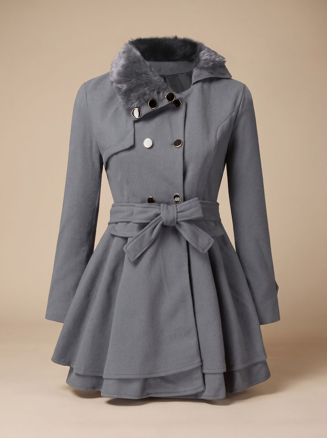 Women's Double-Breasted Belted Wool-Blend Coat with Faux Fur Collar