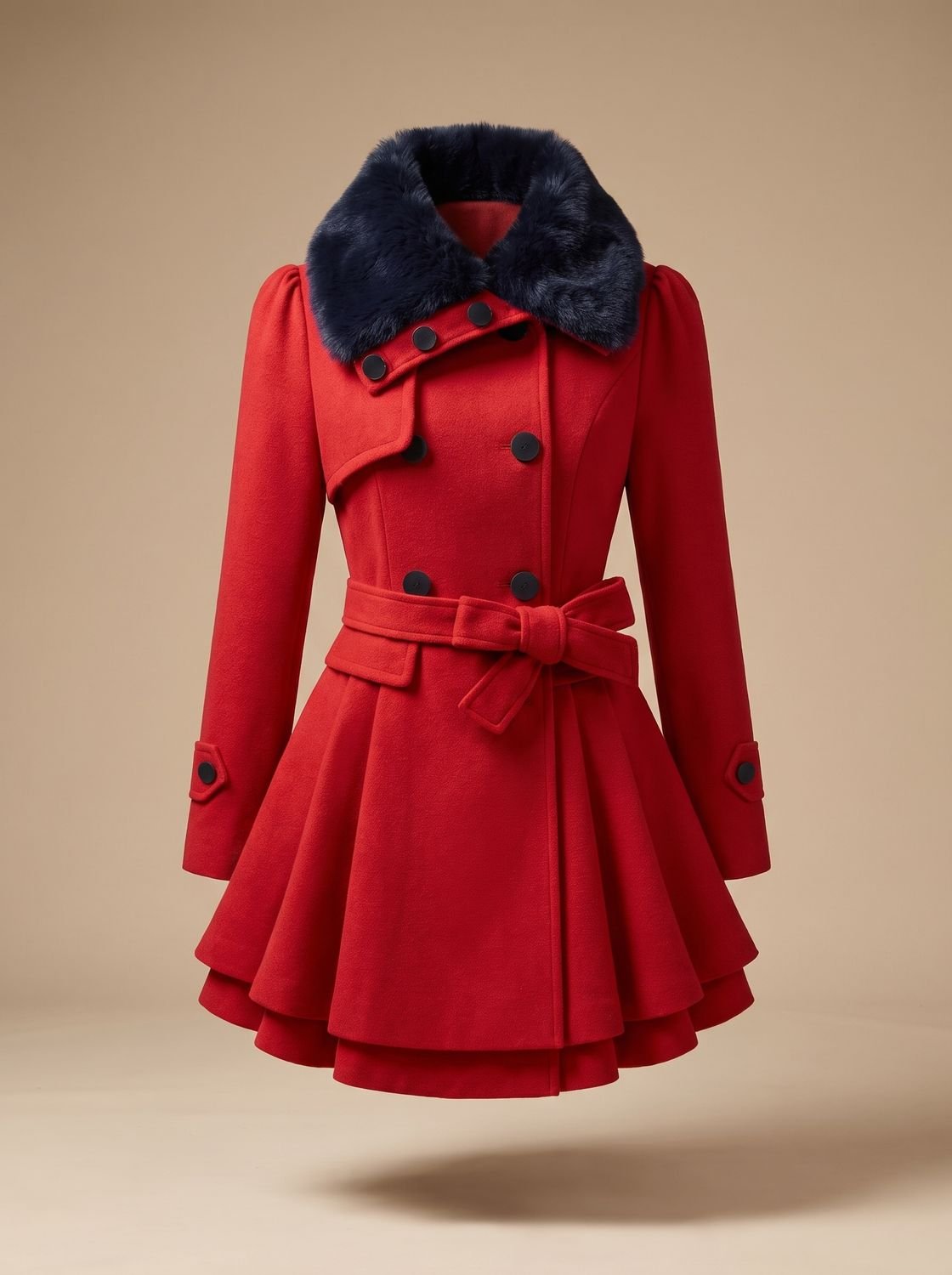 Women's Double-Breasted Belted Wool-Blend Coat with Faux Fur Collar