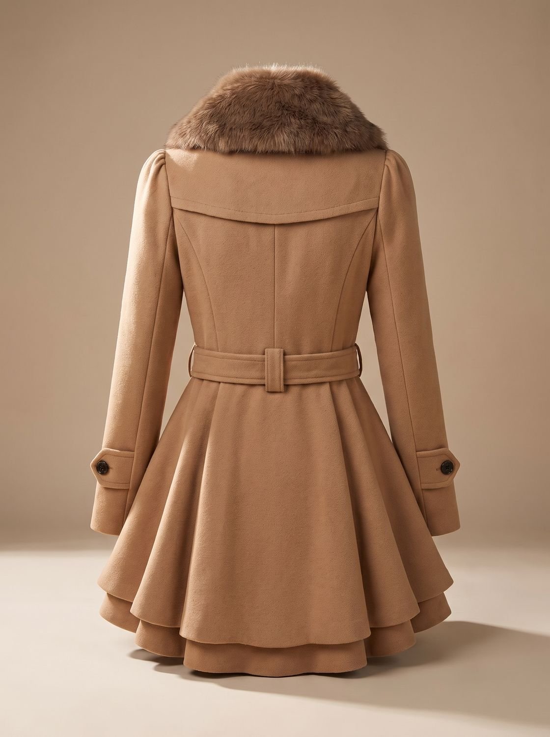 Women's Double-Breasted Belted Wool-Blend Coat with Faux Fur Collar