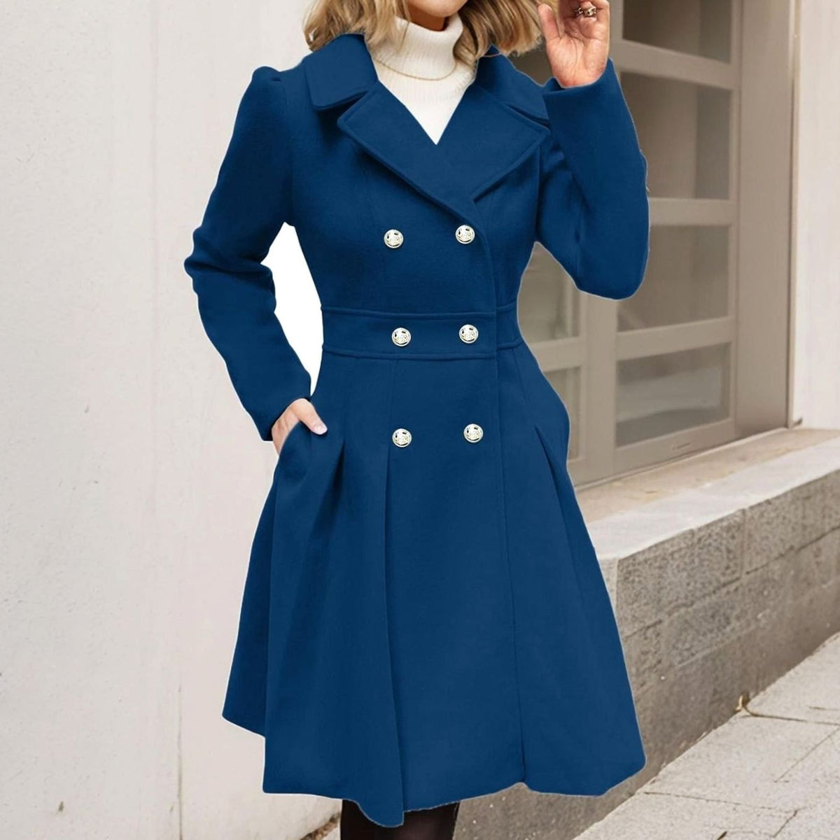 Women's Double-Breasted Flared Longline Wool-Blend Coat