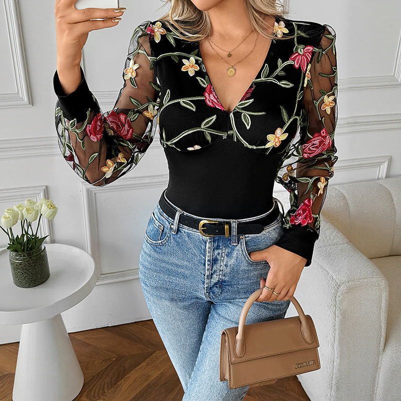 Women's Elegant Blouse with Floral Lace Sleeves