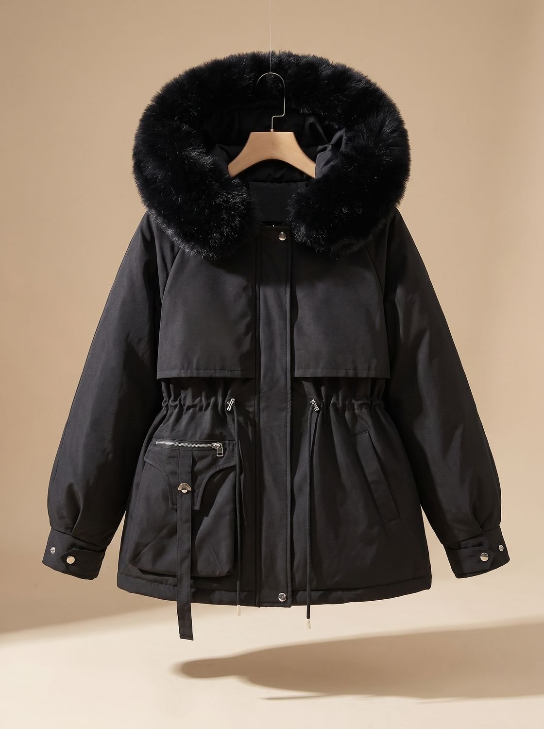 Women's Elegant Faux-Fur Hooded Drawstring Puffer Jacket