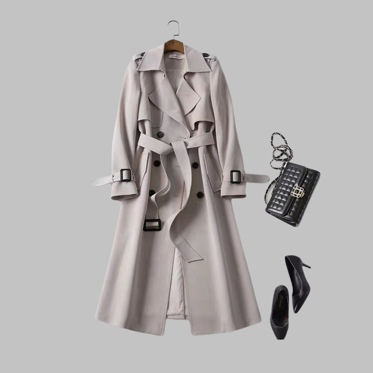 Women's Elegant Knee-Length Double-Breasted Belted Trench Coat