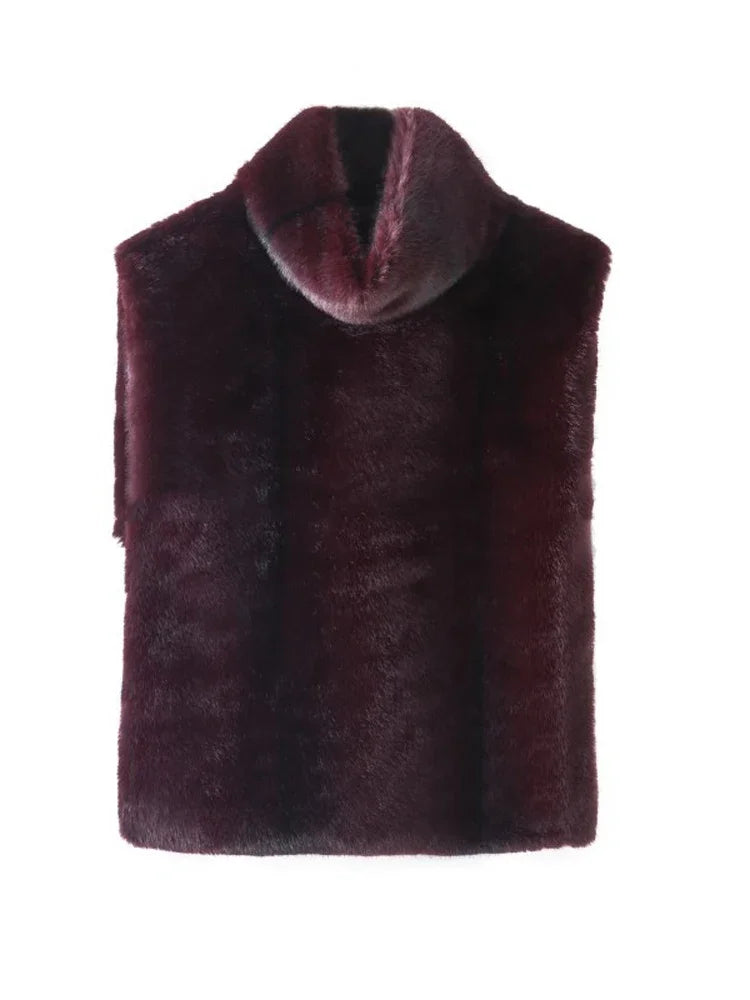 Women's Elegant Solid Fluffy Faux Fur Turtleneck Vest, Cropped Sleeveless Winter Jacket Top