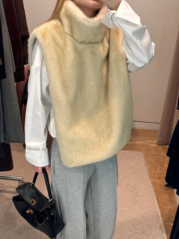 Women's Elegant Solid Fluffy Faux Fur Turtleneck Vest, Cropped Sleeveless Winter Jacket Top