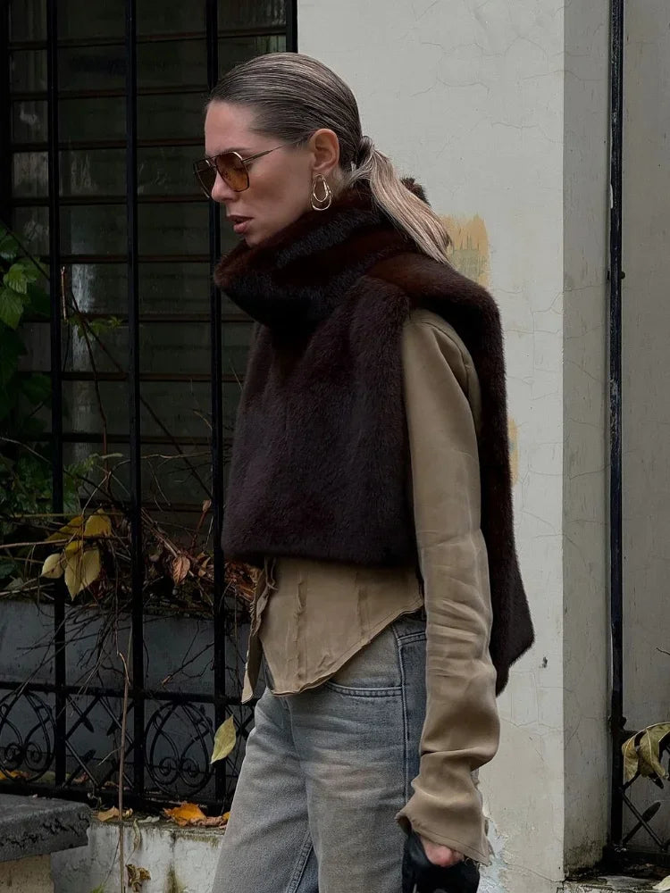 Women's Elegant Solid Fluffy Faux Fur Turtleneck Vest, Cropped Sleeveless Winter Jacket Top