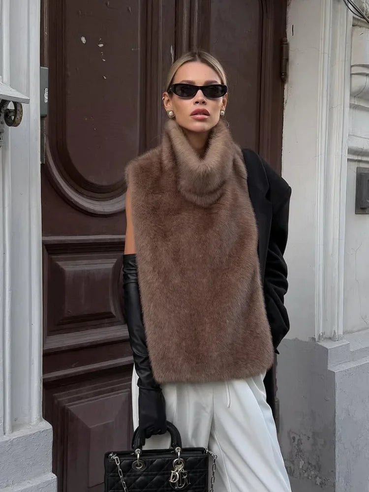 Women's Elegant Solid Fluffy Faux Fur Turtleneck Vest, Cropped Sleeveless Winter Jacket Top