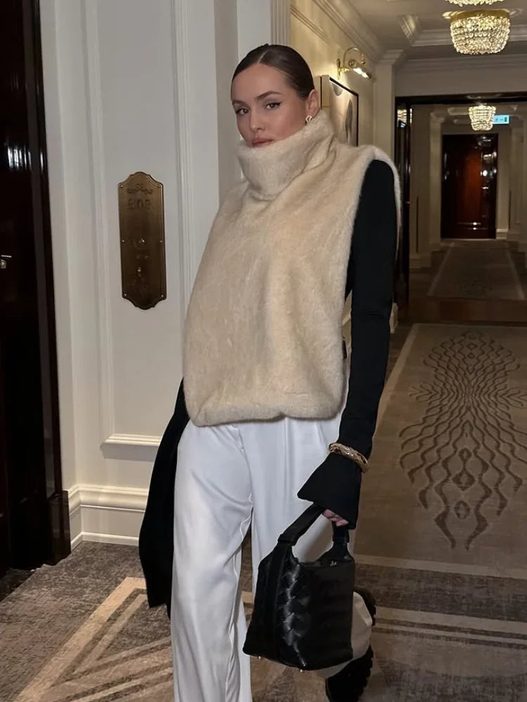 Women's Elegant Solid Fluffy Faux Fur Turtleneck Vest, Cropped Sleeveless Winter Jacket Top