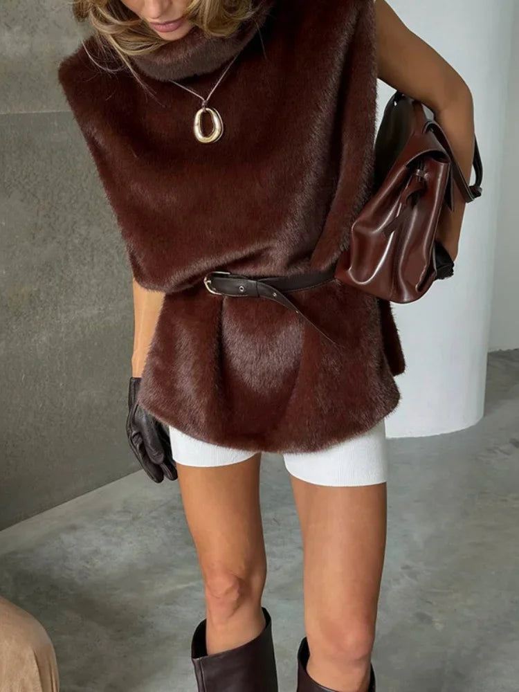 Women's Elegant Solid Fluffy Faux Fur Turtleneck Vest, Cropped Sleeveless Winter Jacket Top