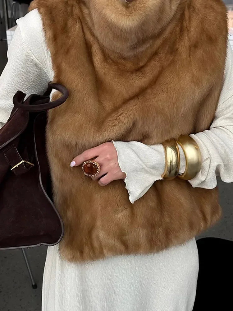 Women's Elegant Solid Fluffy Faux Fur Turtleneck Vest, Cropped Sleeveless Winter Jacket Top