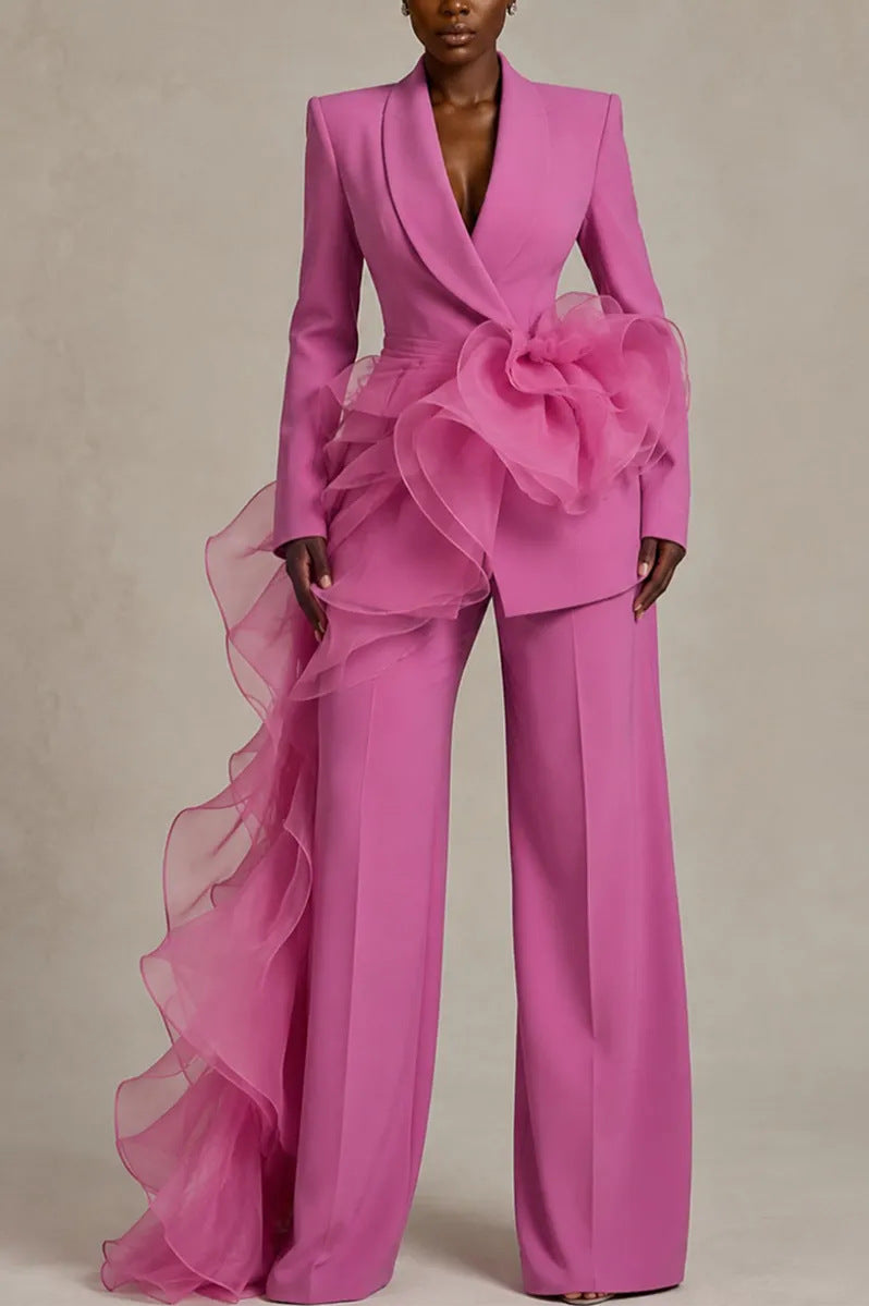 Women's Elegant Suit with Asymmetrical Ruffle