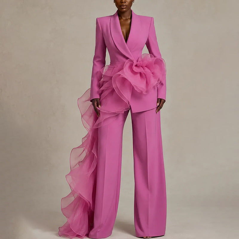Women's Elegant Suit with Asymmetrical Ruffle