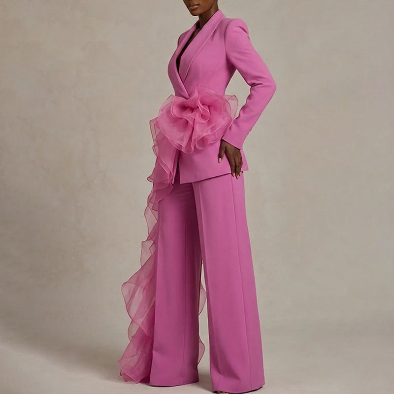 Women's Elegant Suit with Asymmetrical Ruffle
