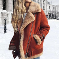Women's Faux Fur-Lined Shearling Moto Jacket with Buckles and Zip