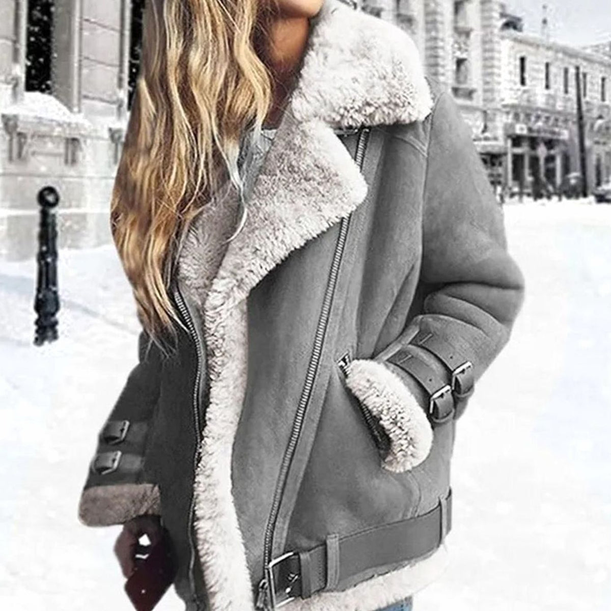 Women's Faux Fur-Lined Shearling Moto Jacket with Buckles and Zip