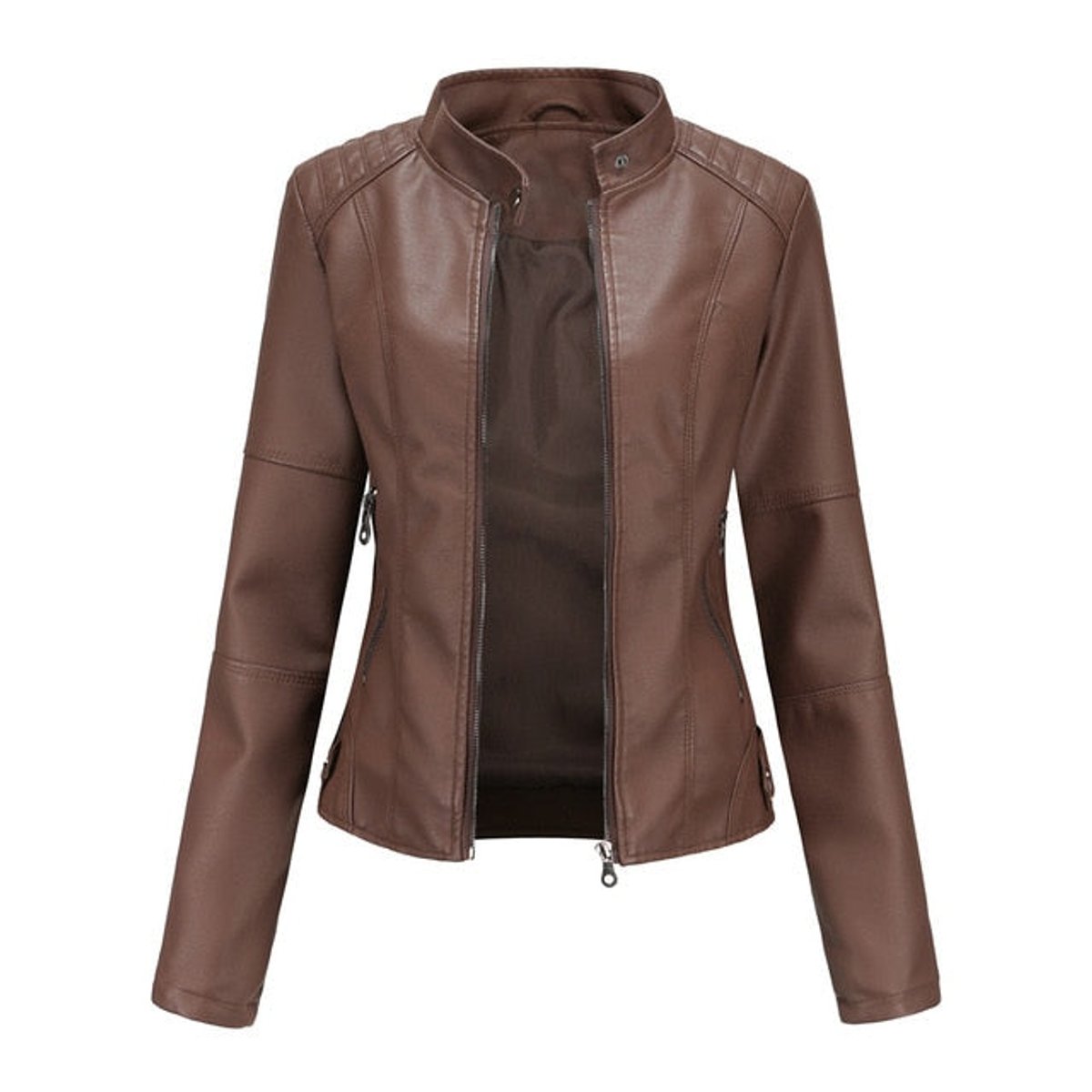 Women's Faux Leather Stand Collar Zip-Up Moto Jacket