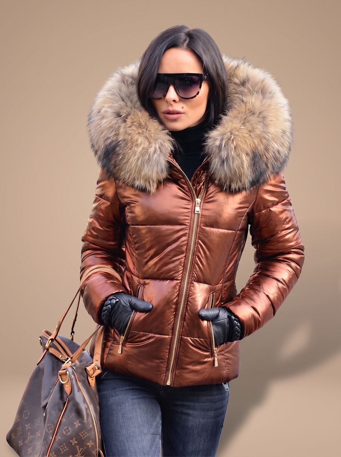Women's Fitted Zip-Front Quilted Puffer Jacket with Fur Hood