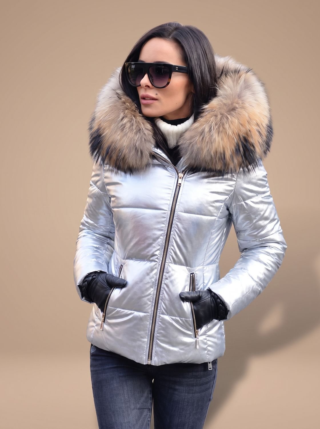 Women's Fitted Zip-Front Quilted Puffer Jacket with Fur Hood