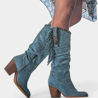 Women's Fringed Suede Block-Heel Knee-High Western Boots