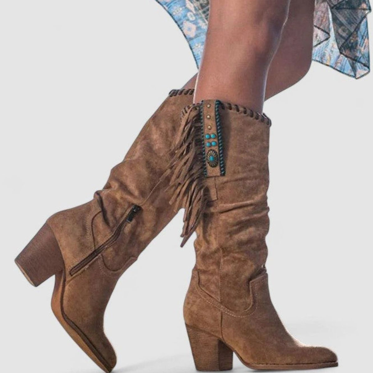 Women's Fringed Suede Block-Heel Knee-High Western Boots