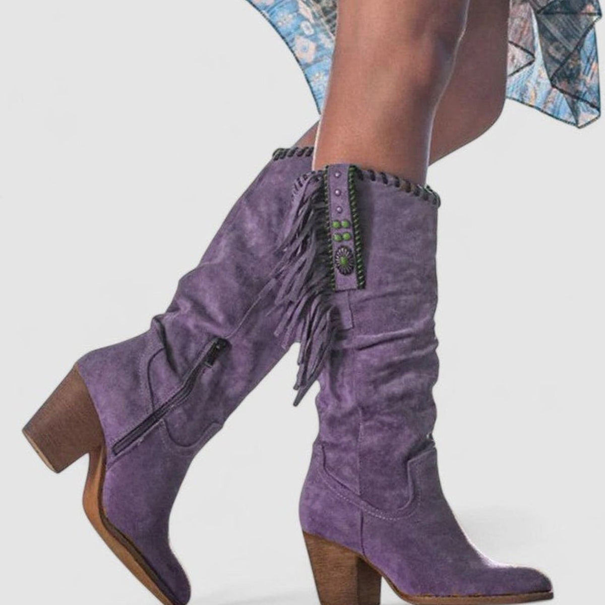 Women's Fringed Suede Block-Heel Knee-High Western Boots